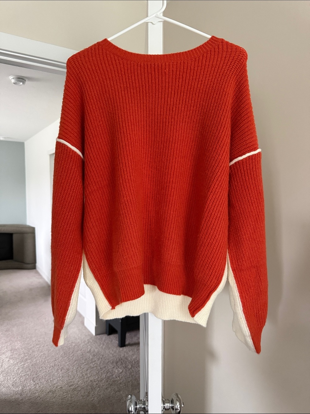 Lumiere Orange-Red Crewneck Sweater with Cream Trim